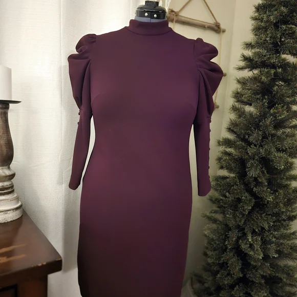 Elegant Plum Dress with Pretty Sleeve Detail. Styled Necklace Can Be Inclued! - Picture 2 of 3